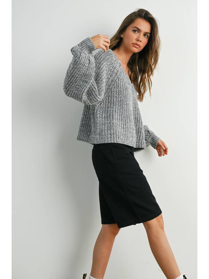 BUTTERMELON - Wholesale Knit Sweater - Women's - Tie-Back V-Neck Drop Shoulder Long Sleeve Top - BMW781026