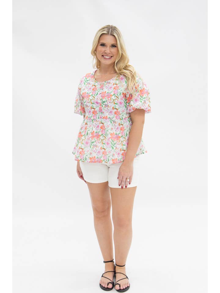 Floral Puff Sleeve Blouse, Watercolor Flowers for wholesale on Faire6