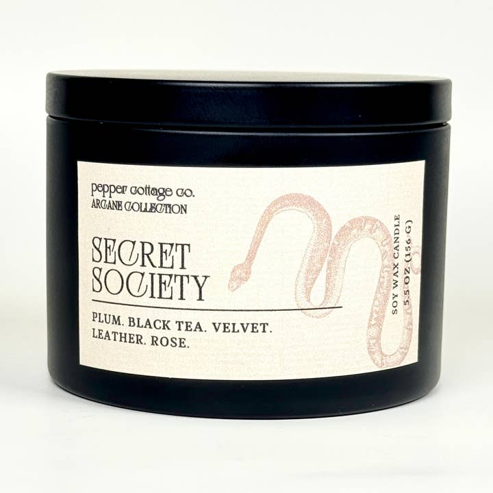 Secret Society 5.5 oz Candle Tin | Plum, Black Tea, Velvet, Leather, Rose | Dark Academia Soy Candle for wholesale by Pepper Cottage Co. Candles