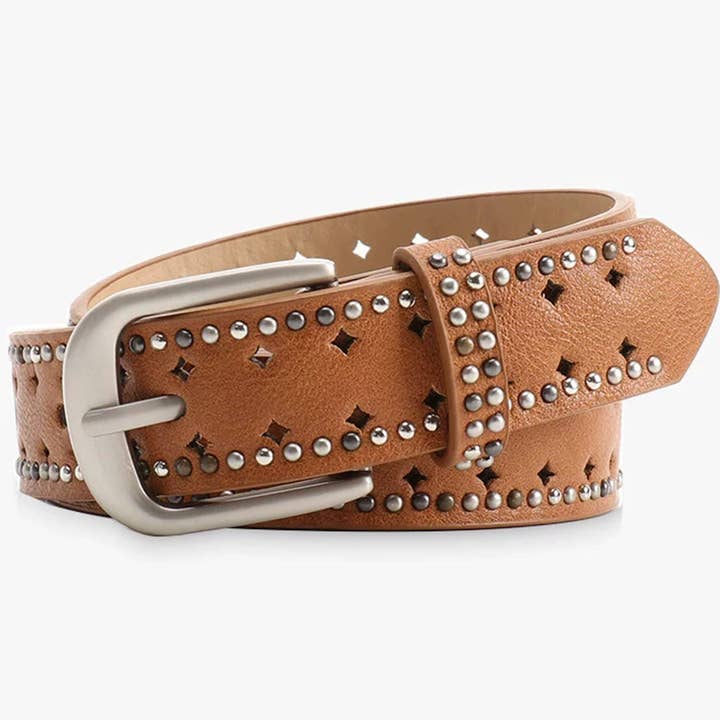 UNISHE - Wholesale Belt – Women's - Perforated Punk Double-Row Studded Leather Belt ZK36751