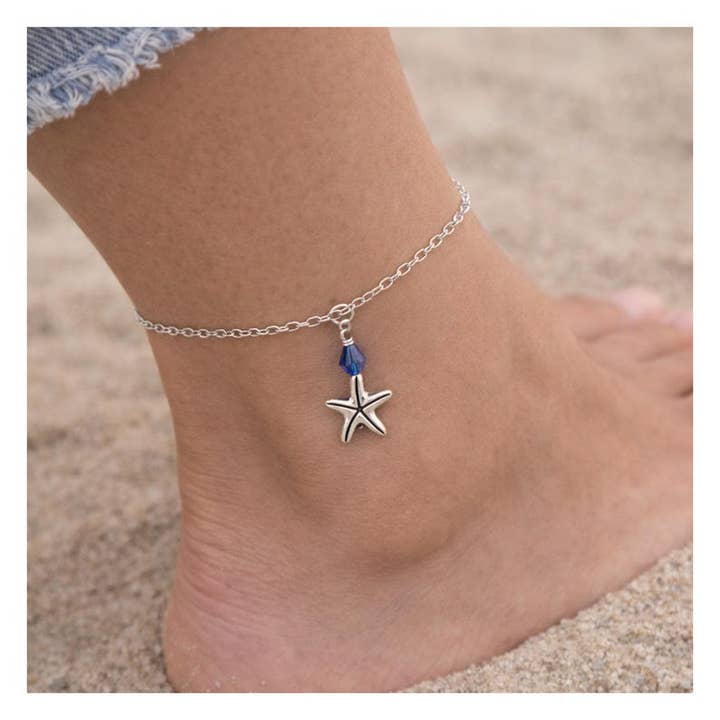 Starfish Anklet - Silver Tone - Blue Swarovski for wholesale by EarthlieTreasures