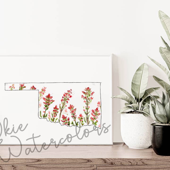 Oklahoma State Indian Paintbrush Flower 8"X10" Watercolor Art Print - State Art - Ranch Style - Farmhouse Style for wholesale by Okie Watercolors