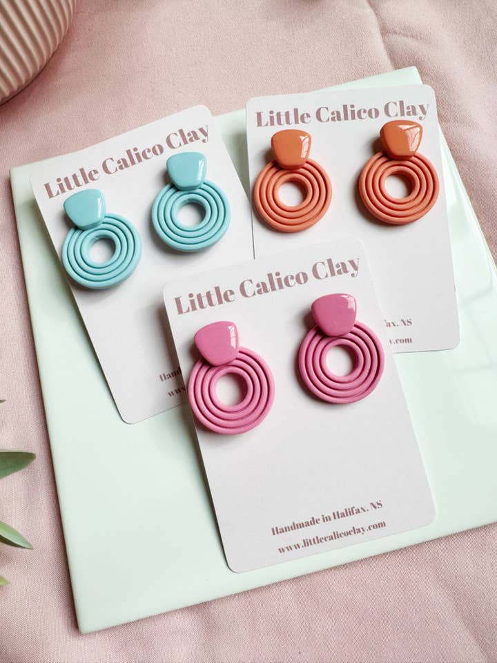 Embossed Circle Dangles | Polymer Clay Earrings for wholesale by Little Calico Clay