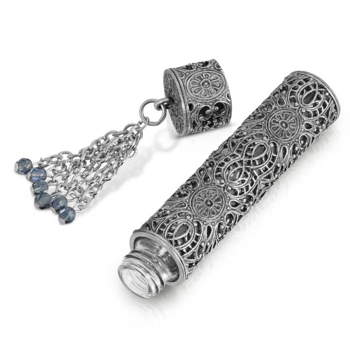 1928 Jewelry - Wholesale Decorative Tabletop Object - 1928 Jewelry Pewter Filigree Glass Vial With Screw Cap & Blu