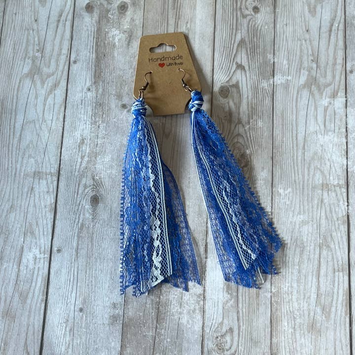 Lace Tassel Earrings Game Day Royal Blue and White for wholesale by Open Window Studios
