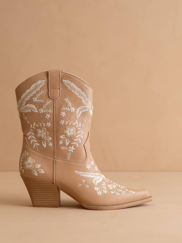 The Bailey | Apricot Embroidered Cowboy Bootie for wholesale on Faire
