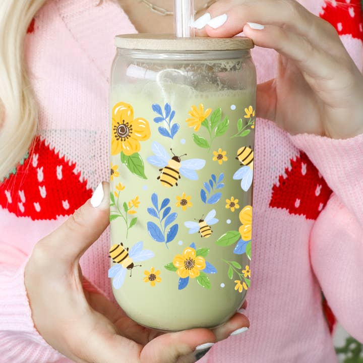 Blue Floral Bee Glass Cup for wholesale by Glitter Paper Scissors