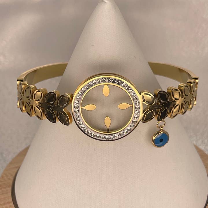 Bracciale in Acciaio Inossidabile Dorato – Design con Ciondolo a Foglia e Occhio per la vendita all'ingrosso da parte di Loli