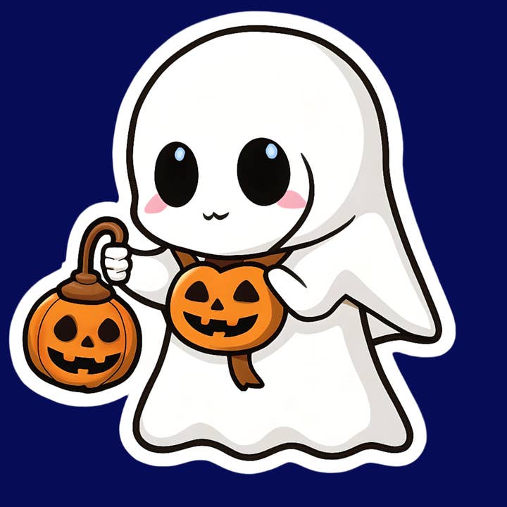 Trick or Treat Ghost Sticker, Kawaii Halloween Vinyl Decal, Cute Ghost with Pumpkin Lantern, Spooky Season Fall Decor for wholesale by Designs by Mysh