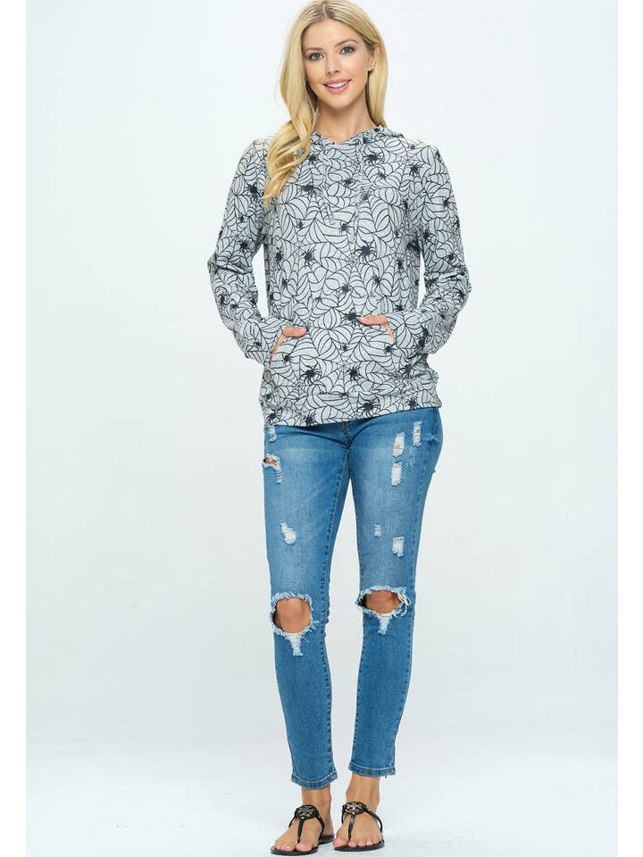 GREY Spider Web Print Hoodie With Pocket for wholesale on Faire2