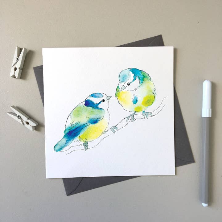 Blauwe Tieten - Veronica's Garden Birds handgetekende wenskaart voor wholesale door SJ. Vickery Designs Ltd.