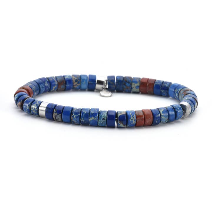 Steel bracelet with 6mm imperial blue jasper heishi beads for wholesale by SIXTY STONES