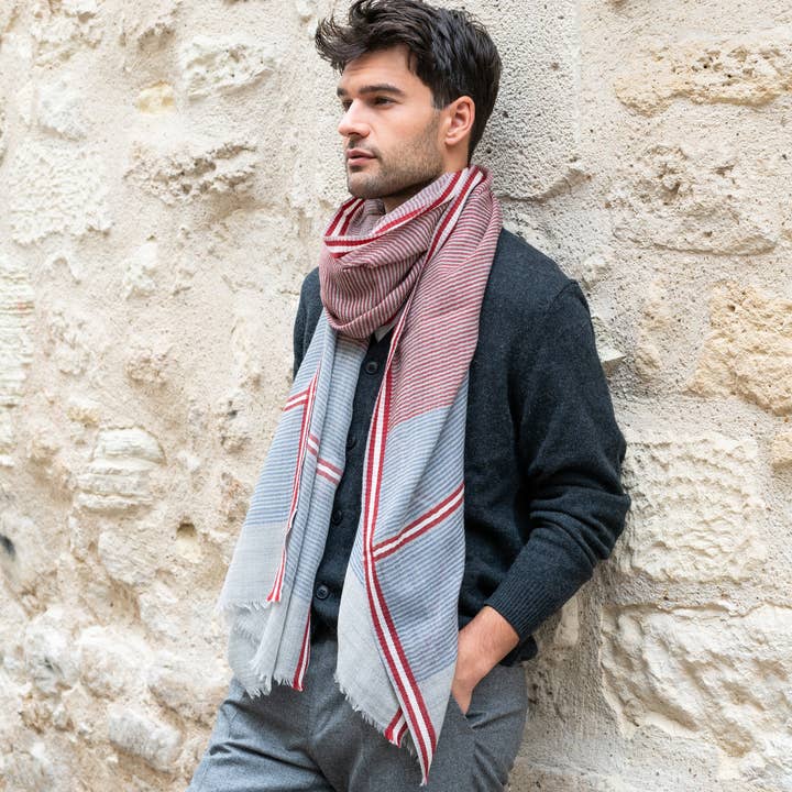 AV08 PARIS - Wholesale Scarf - Men's - MEN'S STRIPED SCARF GREY BLUE RED FINNHAMN – MERINO WOOL3