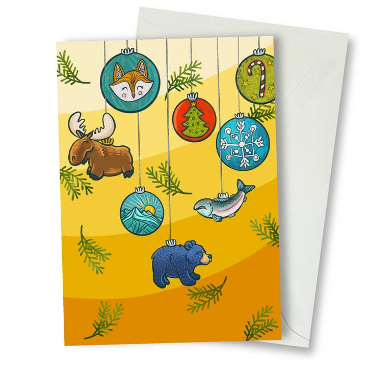 Carte de vœux avec ornements suspendus pour la vente par Amanda Rose Warren