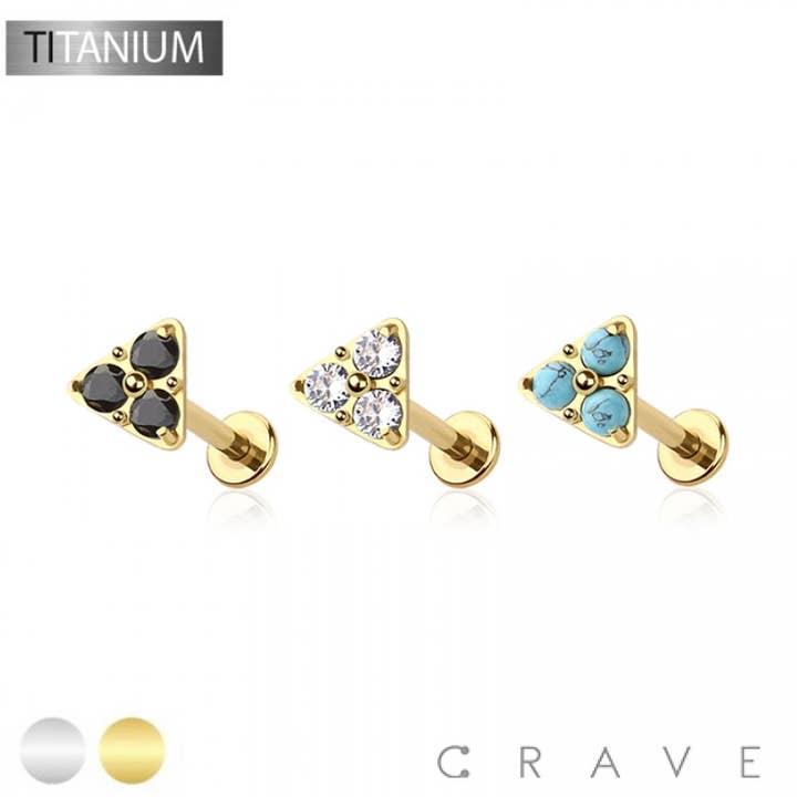 IMPLANT GRADE SOLID TITANIUM TRIANGLE TRIPLE CZ PUSH IN TOP for wholesale by CRAVE
