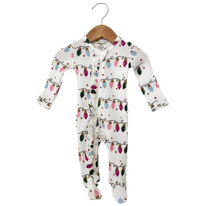 SpearmintLOVE - Wholesale Jumpsuit - Baby - Organic Waffle Ruffle Zip Footie, Pink Christmas Lights