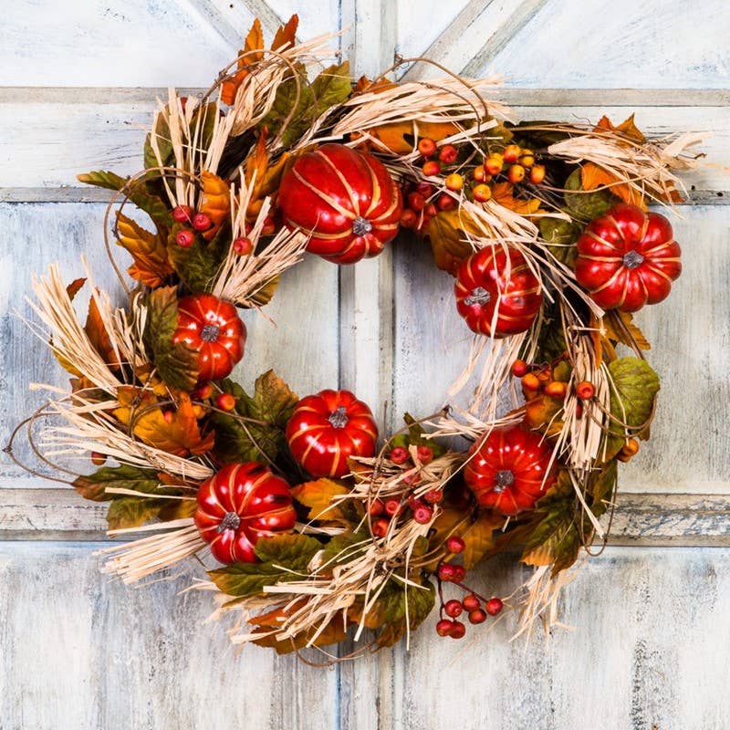 KMI International Corp. – wholesale Wreath – Harvest Wreath With Pumpkins, Straw, Berries On A Twig Base0