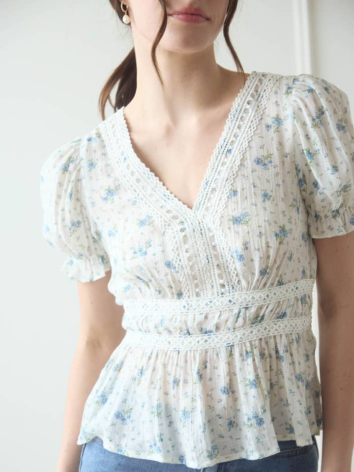 V NECK CROCHET LACE TRIM FLORAL TOP for wholesale by Blu Pepper