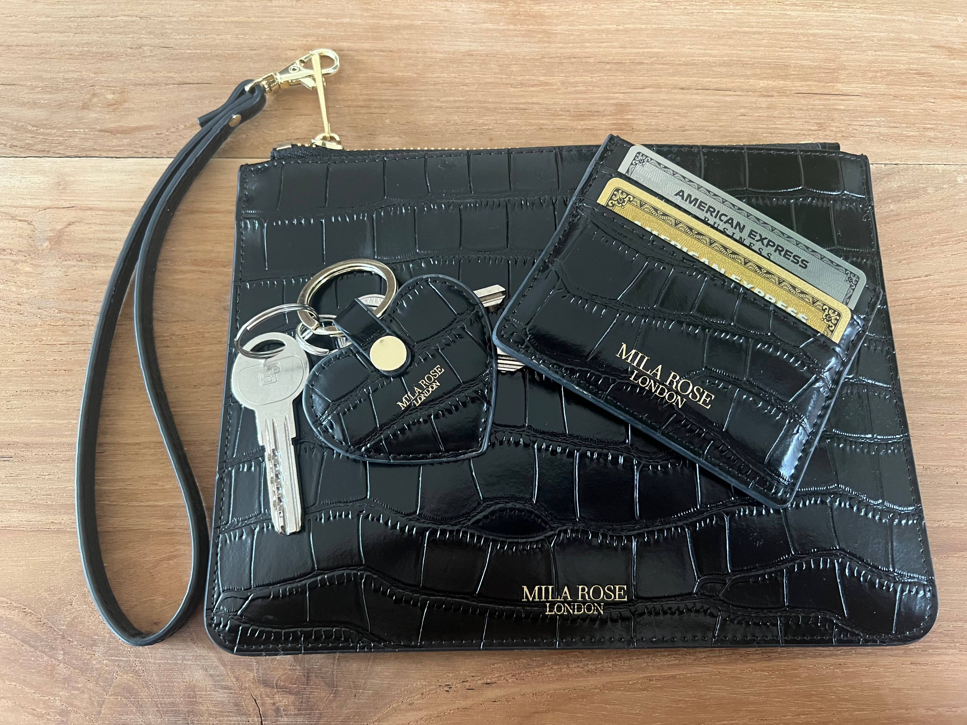 Mila Rose London - Vente Pochette – femme - Pochette en cuir noir imprimé crocodile Cadeau de Noël11