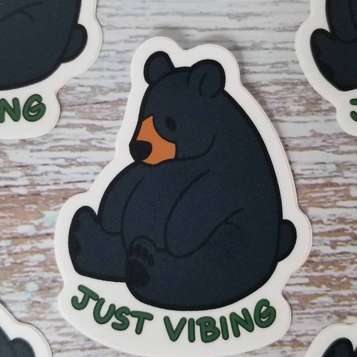 Just Vibing Black Bear Vinyl Sticker for wholesale by Jade Raven Arts