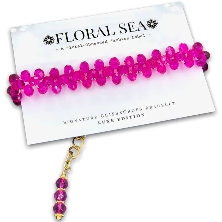 ❁FLORAL SEA❁ Signature CRISSxCROSS Bracelet in Pink Hollyhocks: Luxe Edition for wholesale by FLORAL SEA