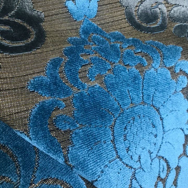 Fancy Styles Fabric – Großhandel Stoff – Prince John Novelty italienischer Burnout-Polsterstoff aus Chenille-Samt, Blau-Gold2