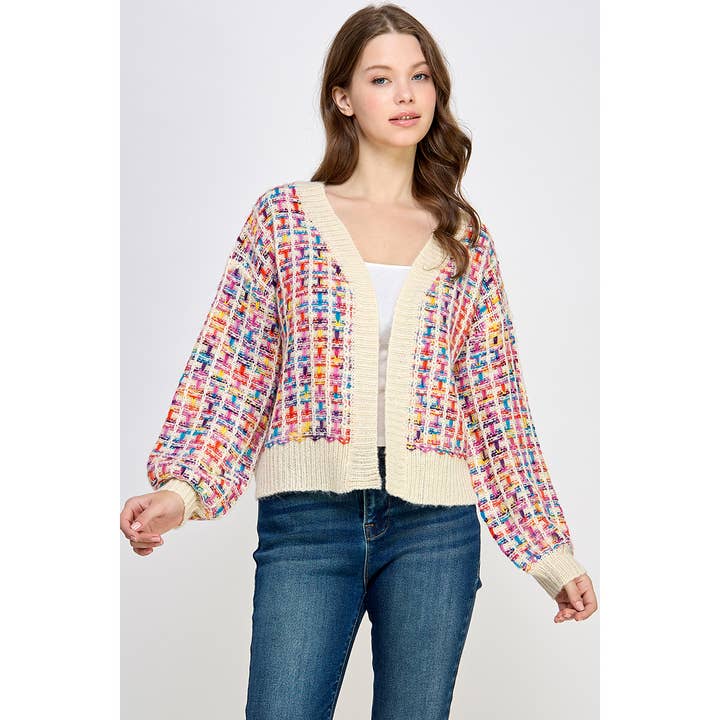 MEHRFARBIGER TWEED-PULLOVER MIT OFFENER STRICKJACKE für den Großhandel von TREND SHOP