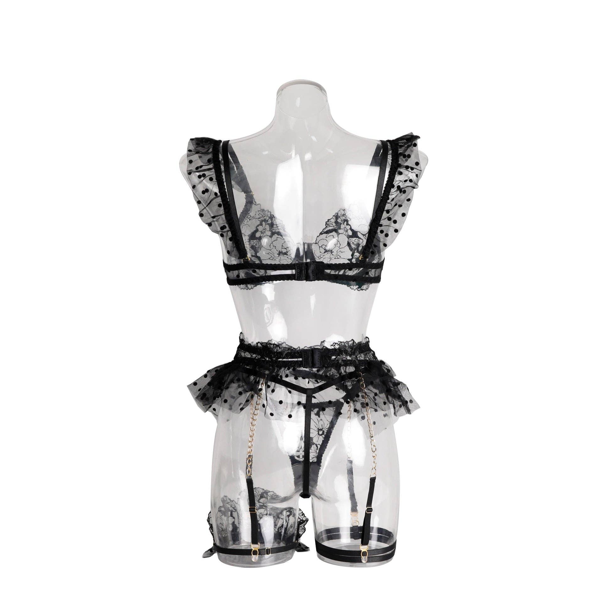 Sweetkama - Venta al por mayor Conjunto de lencería - Mujer - Conjunto de Lencería de 3 Piezas con Encaje Floral y Malla de Lunares para Damas SKLG40857