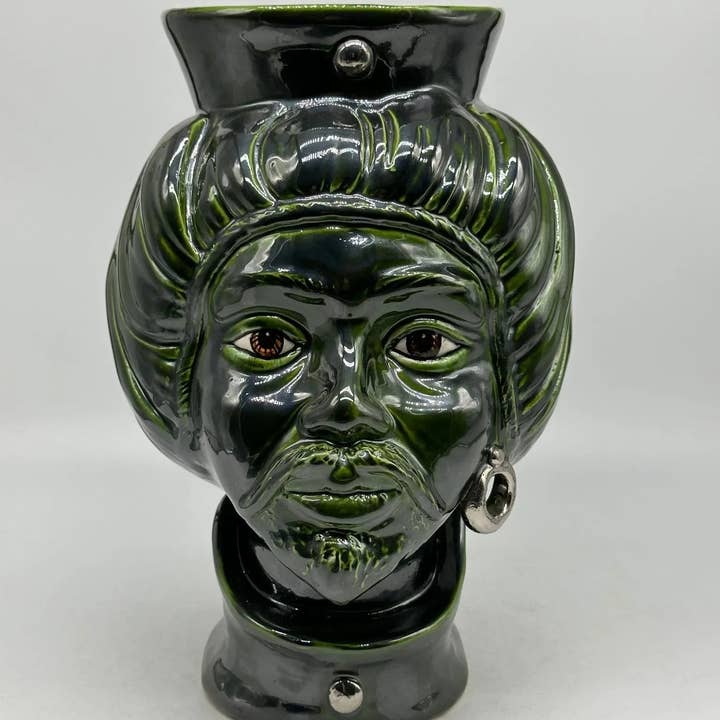 DD Ceramiche Siciliane - Vendita all'ingrosso Statuette decorative - Teste di Moro Mediterraneo Ceramica Caltagirone cm H.29 L.22 Artigianale Verde Platino