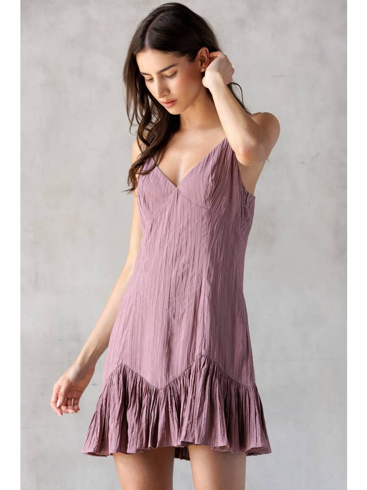 MAUVE LD2382-RUCHED V-NECK MINI DRESS for wholesale on Faire