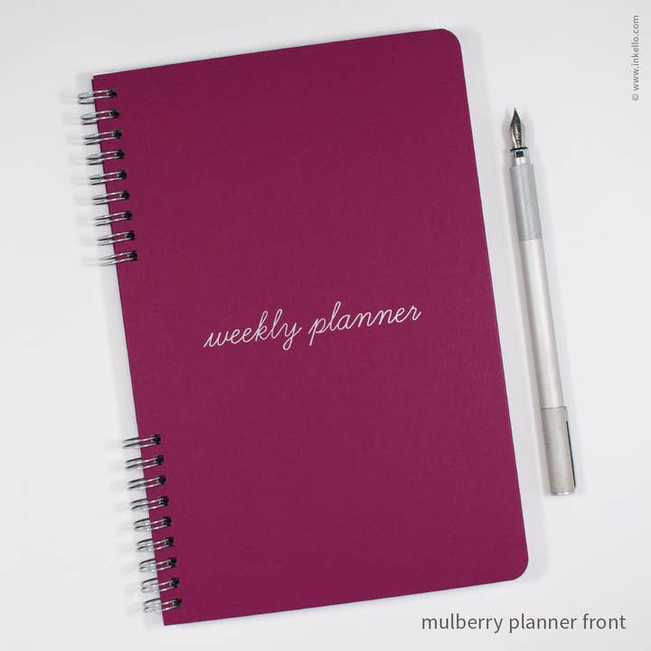 Weekly Planner with Mulberry Cover + Silver School Cursive for wholesale by Inkello Letterpress