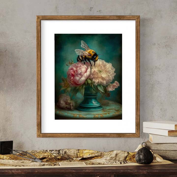 Salty Alyce - Wholesale Art Print - Bee and Pink Peonies Still Life Wall Art RA38