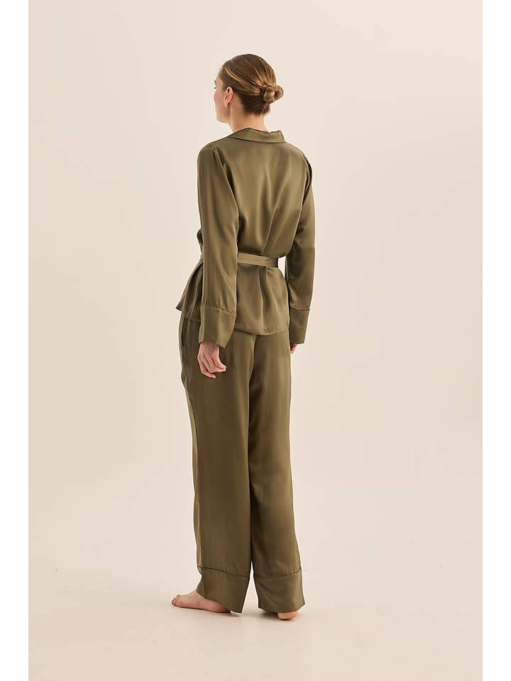 Emerald Olive Silk Long Sleeve Wide Leg Pyjama Set for wholesale on Faire4
