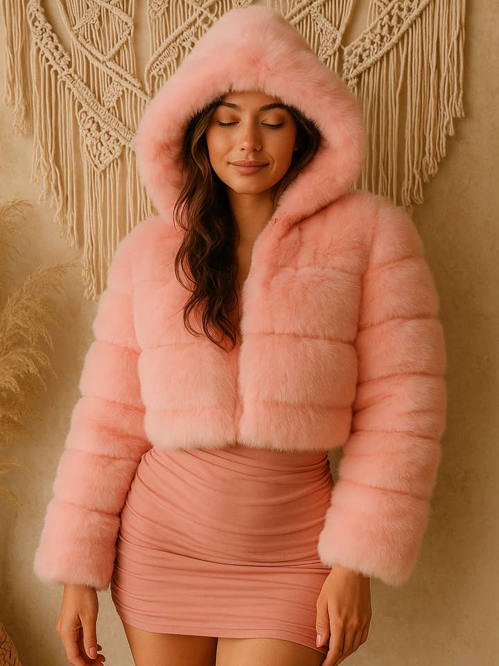 25160 - Casaco Curto com Capuz de Pêlo Sintético por atacado de U R My Sunshine