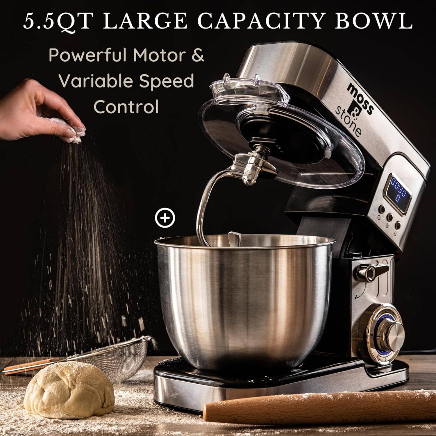 Moss & Stone - Wholesale Kitchen Appliance - Stand Mixer With Lcd Display, 6 Speed Electric Mixer With 5.5 Quart Stainless Steel Mixing Bowl, Kitchen Mixer With Dough Hook, Egg Whisk, Beater & Baking Spatula, Food Mixer With Timer4