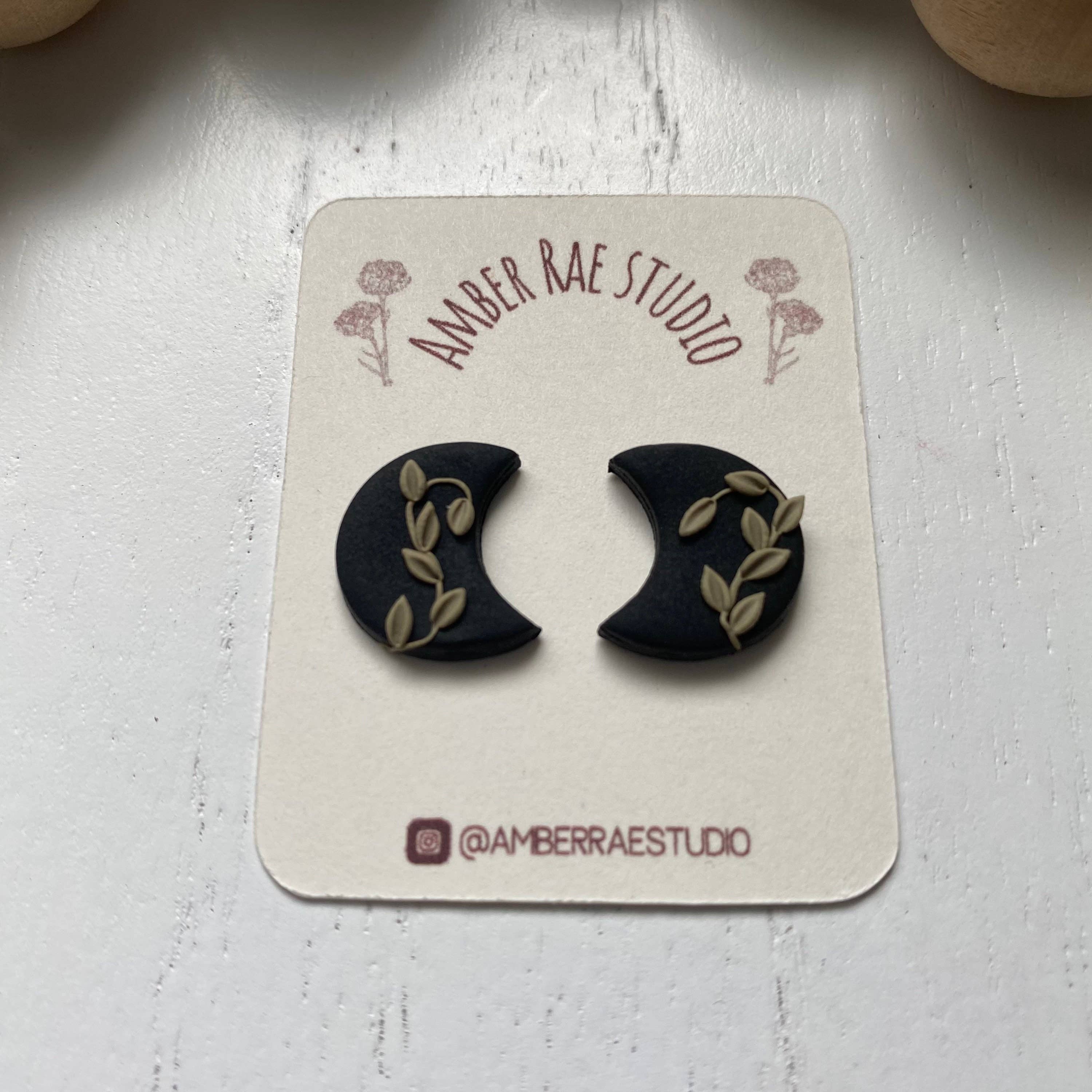 Amber Rae Studio - Wholesale Stud/Post Earrings - Leafy Moon Stud Earrings | Polymer Clay Earrings | Moon Stud Earrings | Leaf Moon Studs Black7