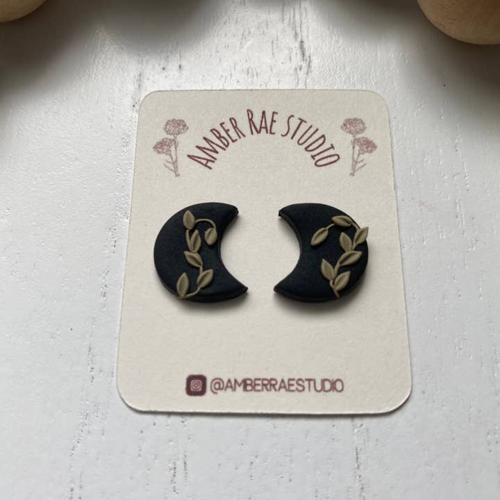 Amber Rae Studio - Wholesale Stud/Post Earrings - Leafy Moon Stud Earrings | Polymer Clay Earrings | Moon Stud Earrings | Leaf Moon Studs Black7
