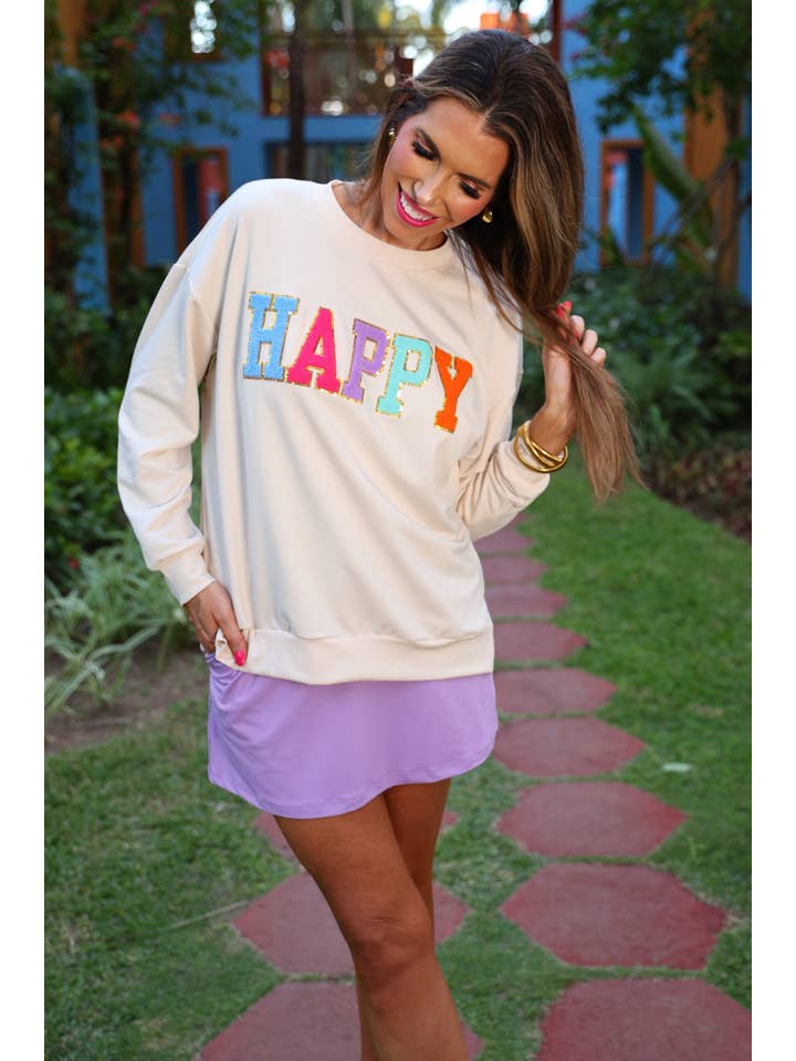 Taupe Happy Patch Pullover for wholesale on Faire10