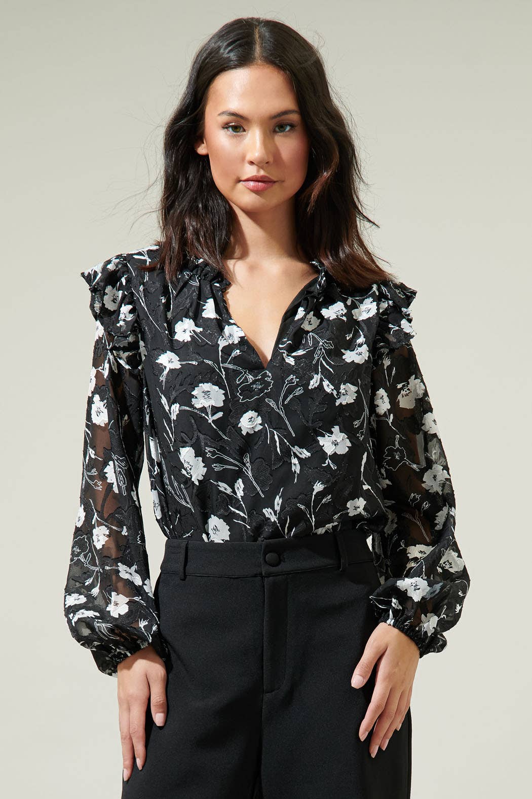 Black White Marilu Floral Ruffle Top for wholesale on Faire