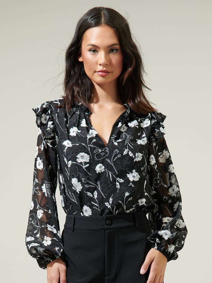 Black White Marilu Floral Ruffle Top for wholesale on Faire