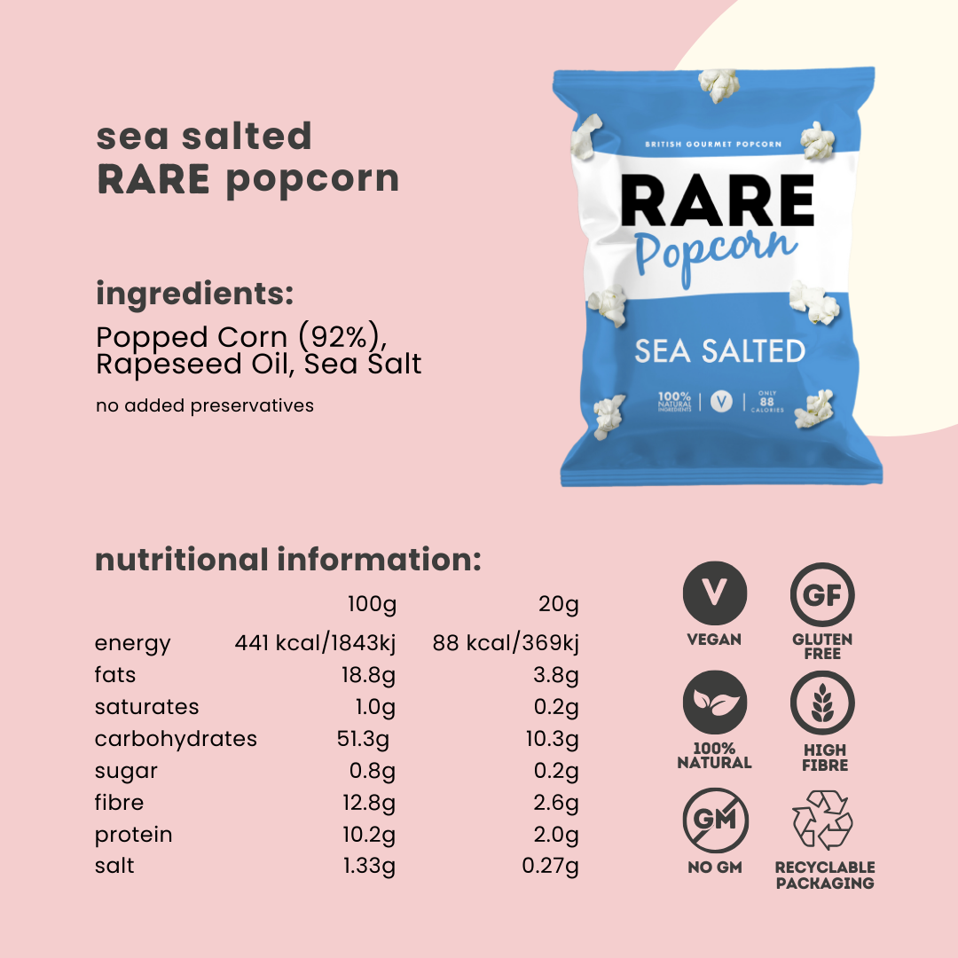 RARE Popcorn - Venta al por mayor Palomitas de maíz - Caja de 18 paquetes de palomitas RARE con sal marina | Veganas y naturales2