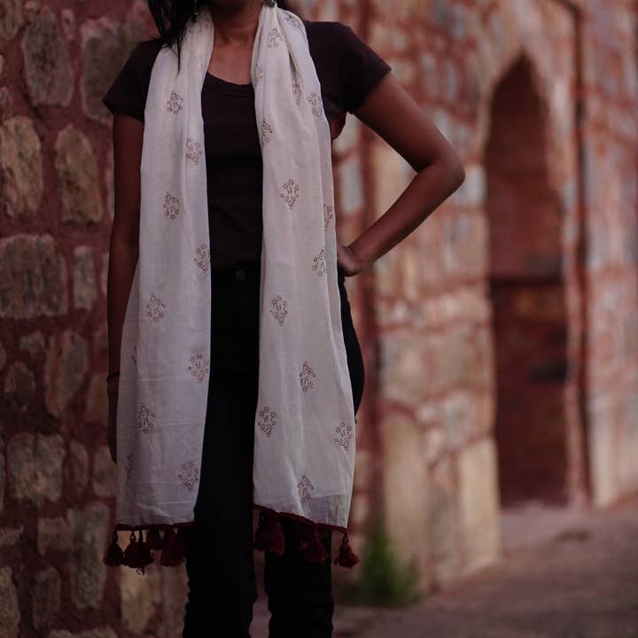 Sewing New Futures, Inc - Wholesale Scarf - Women's - Cream-Golden Woven Cotton Long Scarf2