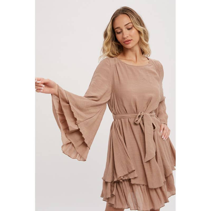 Pink Irene Wholesale - Wholesale Dress - Women's - LONG BELL SEEVE SELF TIE RUFFLE HEM SOLID DRESS0