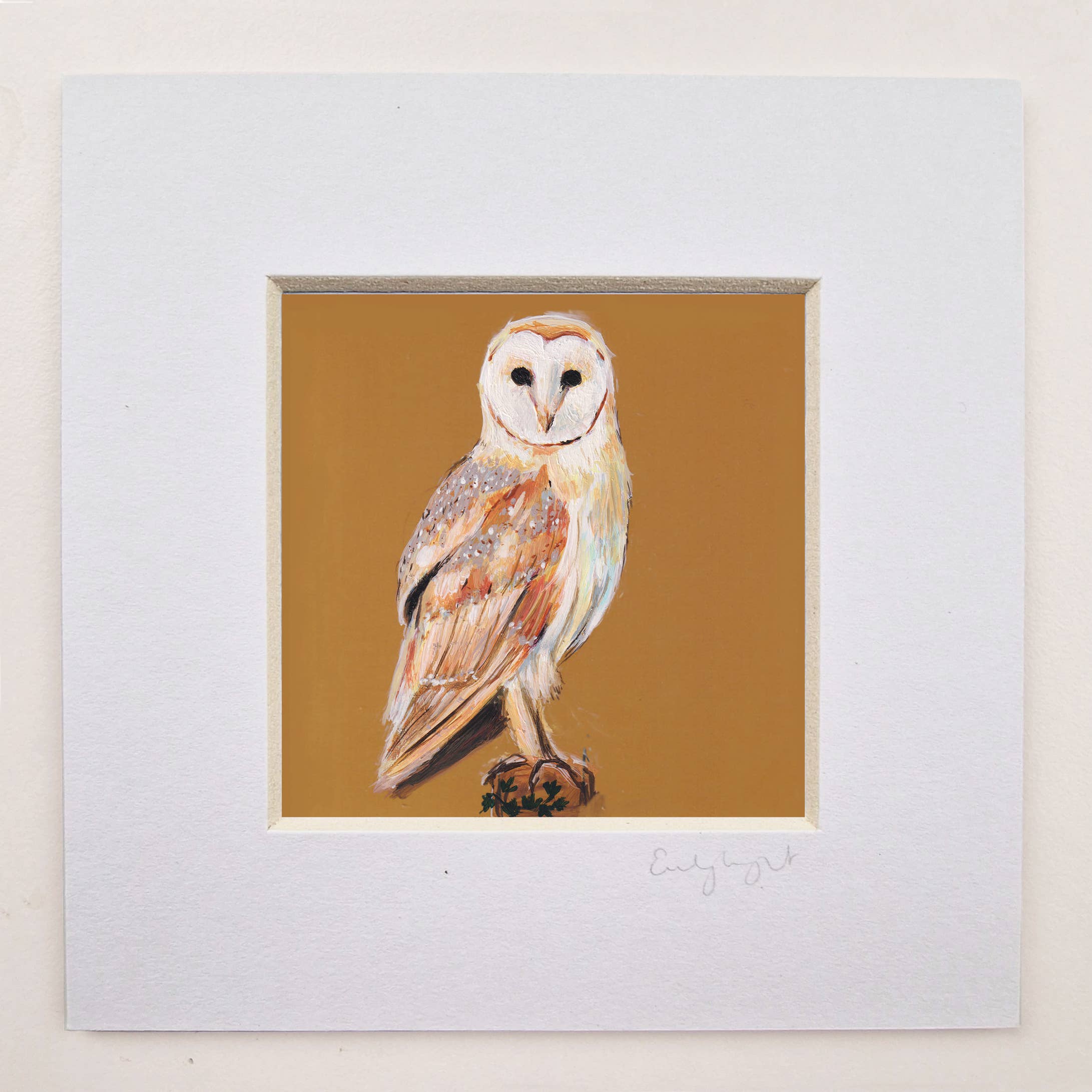 Emily Laura Designs – wholesale Art print – Cottagecore Barn Owl on Fence Post Mounted Art Print1