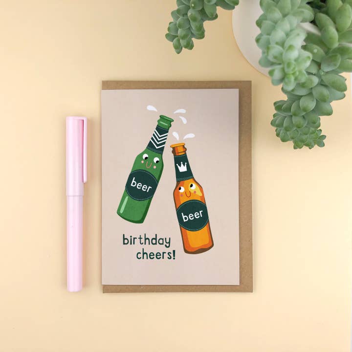 Zoe Spry - Wholesale Birthday Card - Birthday Cheers! Fun illustrated beer bottle birthday card1