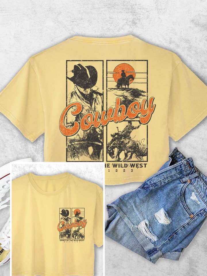 COWBOY WILD WEST F&B WOMEN'S VINTAGE GRAPHIC CROP TOP for wholesale by Rustee Clothing