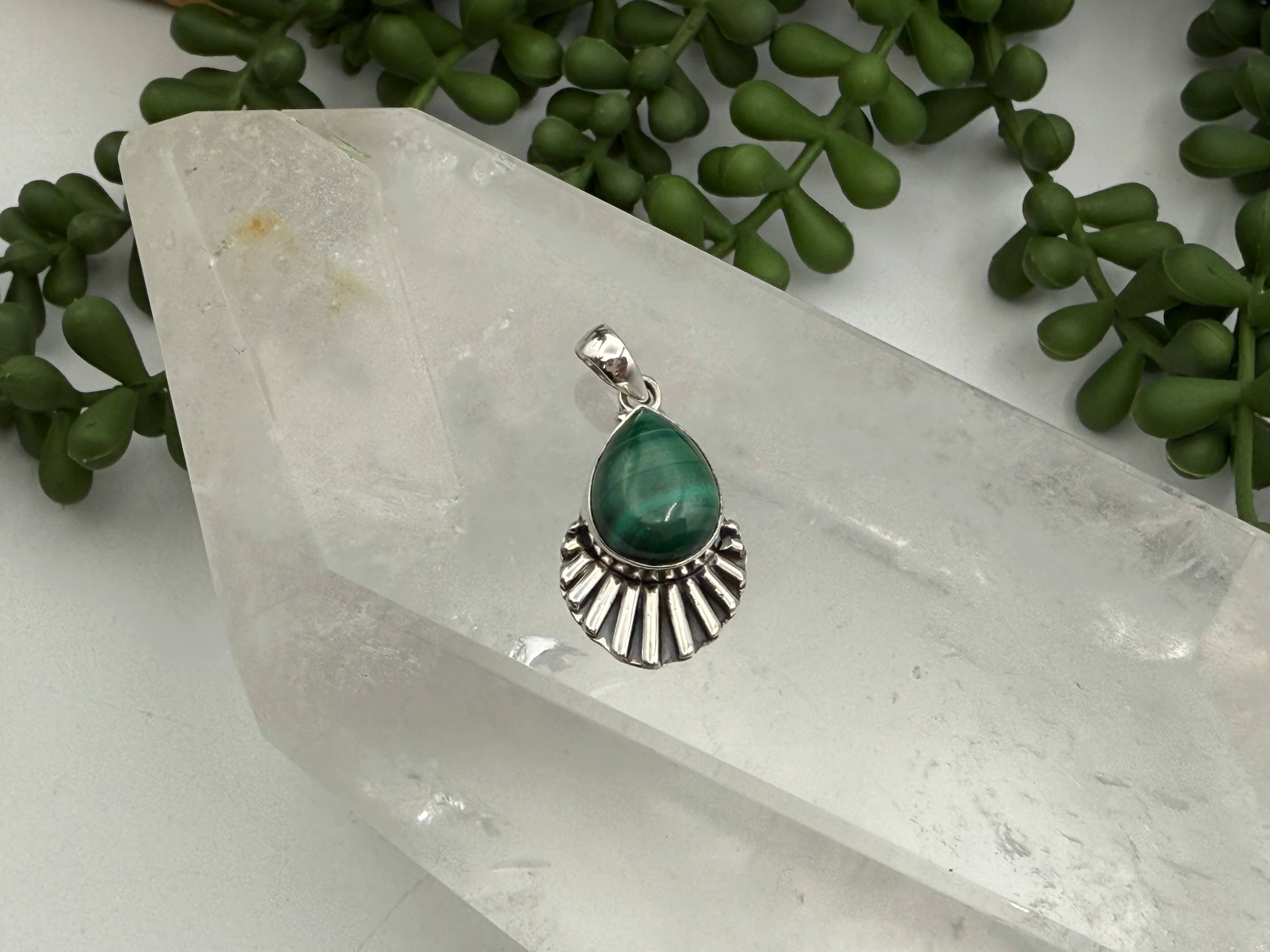 Meraki Gemstones - Wholesale Individual Charm/Pendant - Malachite Tear Drop Cabochon Gem Pendant Sterling Silver/9252