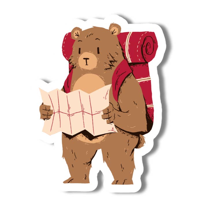 Hiking Bear with Map- 3" Vinyl Sticker for wholesale by National Parks and Beyond