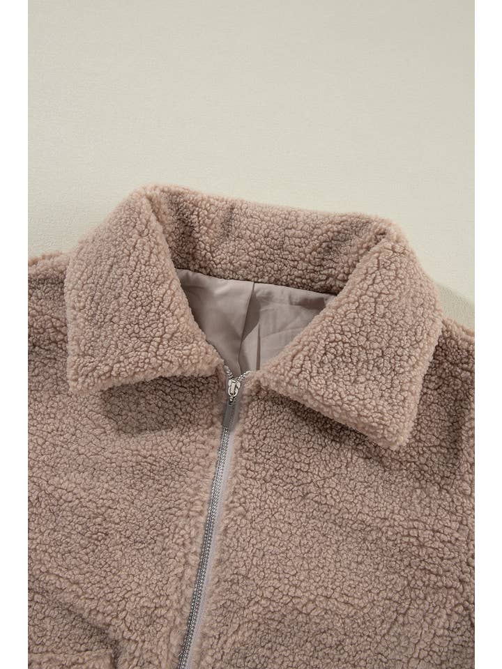Light French Beige Solid Zip-Up Pocketed Fuzzy Jacket for wholesale on Faire6
