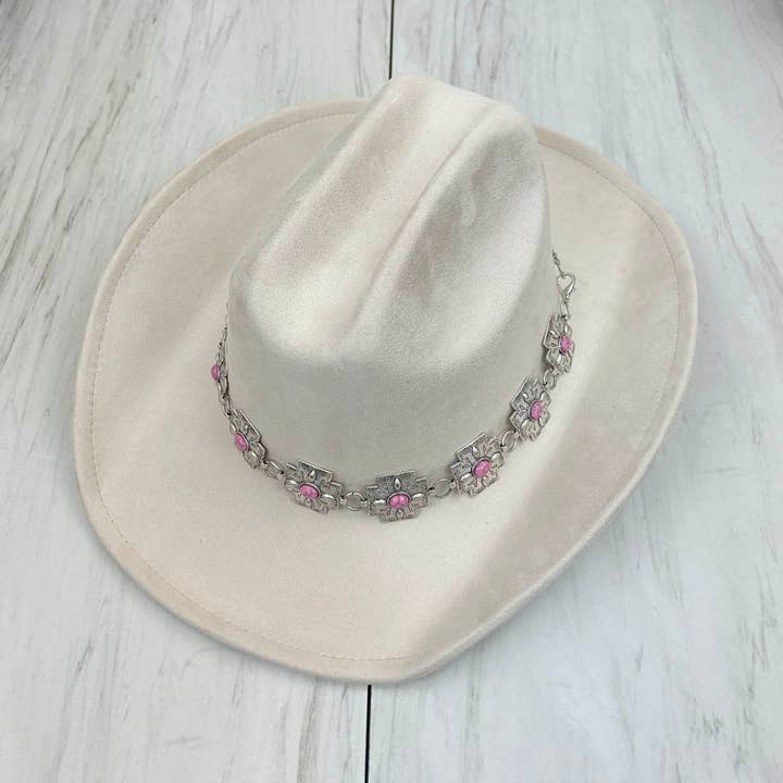 HATC030224-11 silver metal cross with light pink stone hat decor chain. for wholesale by Western Elite Jewelry